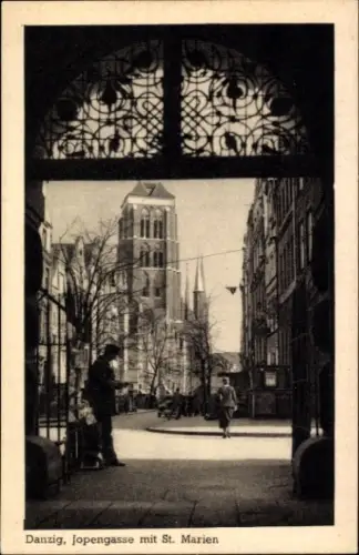 Ak Gdańsk Danzig, Jopengasse mit St. Marien-Kirche, Tordurchblick