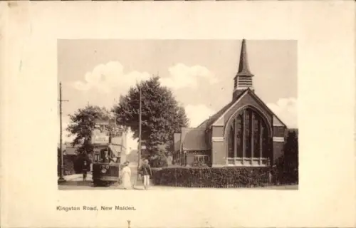 Ak Kingston upon Thames London England,  Kirche, Straßenbahn