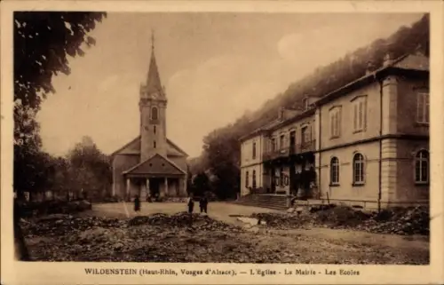 Ak Wildenstein Elsass Haut Rhin, Wildenstein (Haut-Rhin), Kirche, Rathaus, Schulen