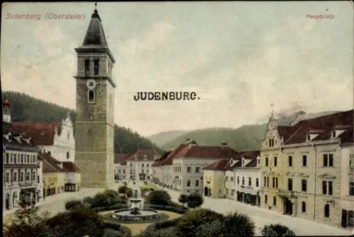 Ak Judenburg Steiermark, Judenburg (Obersteier), Hauptplatz, Stadtturm, Brunnen