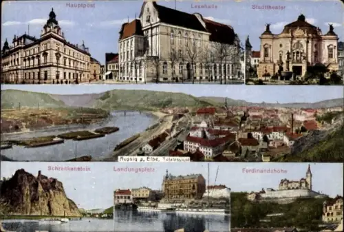 Ak Ústí nad Labem Aussig an der Elbe, Hauptpost, Lesehalle, Stadttheater, Schreckenstein,  Landun