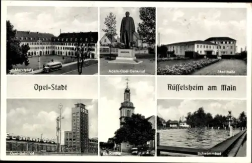 Ak Rüsselsheim am Main Hessen, Marktplatz, Adam-Opel-Denkmal, Stadthalle, Opel-Bahnhof, Rüsselshe