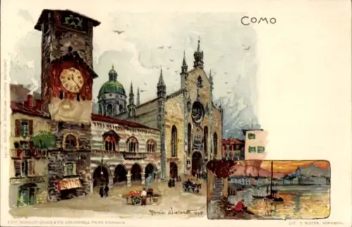 Künstler Litho Wielandt, M., Como Lombardia, Turm, Uhr, Platz