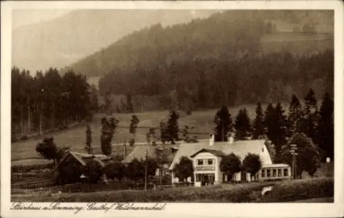 Ak Steinhaus am Semmering Steiermark, Gasthof mit Nebengebäuden, Wiese im Vordergrund, vereinzelt