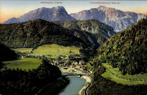 Ak Groß Reifling Großreifling Steiermark, Tal mit Fluss und Brücke, Dorf mit Häusern, bewaldete H