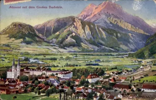 Ak Admont Steiermark, Bergkulisse mit markantem Gipfel, Kirche mit zwei Türmen, Dorf mit Häusern 