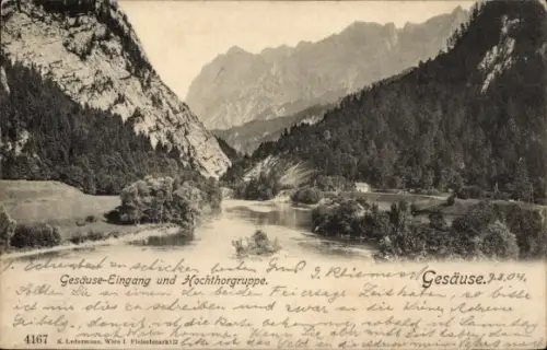 Ak Gstatterboden Weng im Gesäuse Steiermark, Fluss im Tal, steile Felswände, bewaldete Hänge, ged