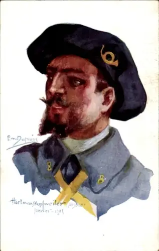 Künstler Ak Dupuis, Emil, Hartmanskopfweiler, Soldat in Uniform, Posthorn