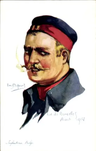 Künstler Ak Dupuis, Emil, belgische Infanterie, Fort de Boncelles, belgischer Soldat mit Zigarette