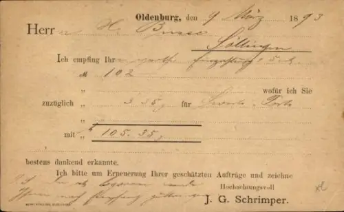 Vorläufer Ak Oldenburg im Großherzogtum Oldenburg, Geschäftskorrespondenz J. G. Schrimper