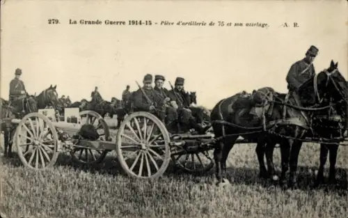 CPA La Grande Guerre 1914-1915, Pièce d'artillerie de 75 et son attelage