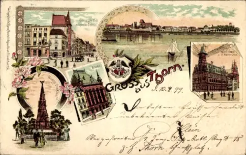 Litho Toruń Thorn Westpreußen, Altstädtischer Markt, Kopernikus Denkmal, Kriegerdenkmal, Postamt