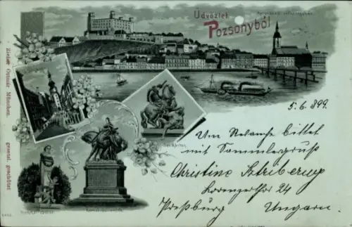Mondschein Litho Pozsony Pressburg Bratislava Slowakei, Panorama, Denkmäler