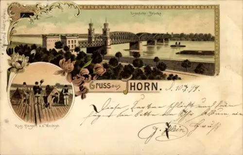 Litho Toruń Thorn Westpreußen, Eisenbahnbrücke, Russische Flösser an der Weichsel