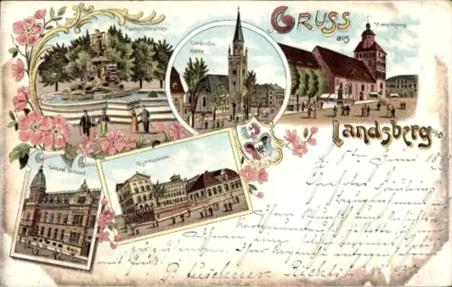 Litho Gorzów Wielkopolski Landsberg a.d. Warthe Ostbrandenburg, Concordiakirche, Postamt, Gymnasium