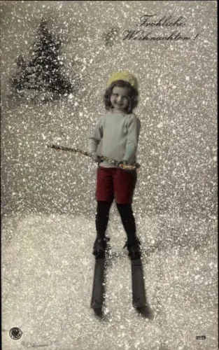 Ak Frohe Weihnachten, Kind auf Skiern, Schneefall