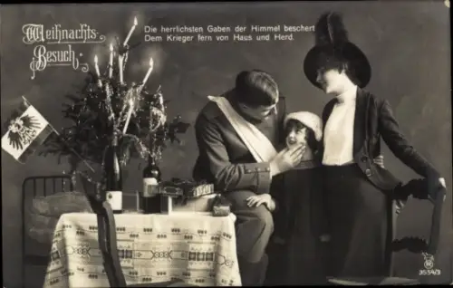 Ak Weihnachts-Besuch, verwundeter Soldat mit Frau und Kind, 1. WK