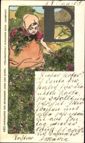 Buchstaben Ak Buchstabe B, Mädchen pflückt Blumen