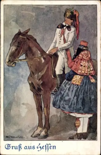 Künstler Ak Gruß aus Hessen, Schwälmer Tracht, Reiter