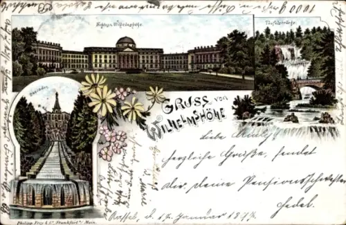 Litho Kassel in Hessen, Schloss Wilhelmshöhe, Teufelsbrücke, Kaskaden