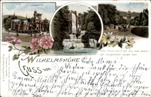 Litho Bad Wilhelmshöhe Kassel in Hessen, Blick von der Allee, Löwenburg, Aquaduct Wasserfall