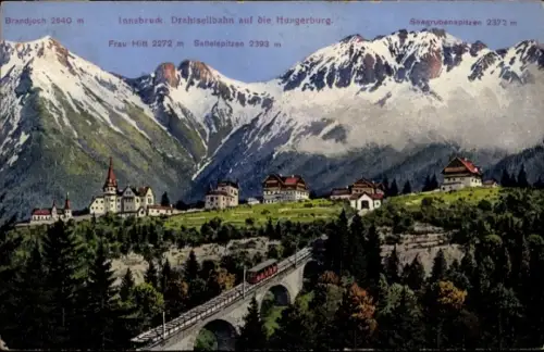 Ak Hungerburg Innsbruck Tirol, Berglandschaft, Drahtseilbahn,  Hungerburg, Frau Hitt, Sattelspitz