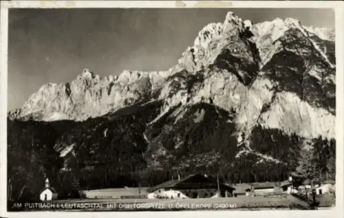 Ak Leutasch in Tirol, am Puitbach im Leutaschtal mit Dreitorspitze und Öffelekopf
