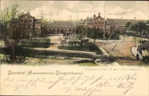 Ak Geestemünde Bremerhaven, Bahnhof, Vorplatz, Bahnübergang, Pferdestraßenbahn