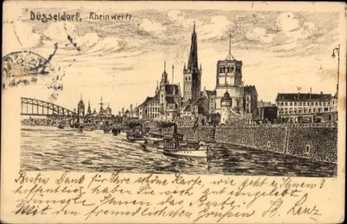 Litho Düsseldorf, an der Rheinwerft, Boote