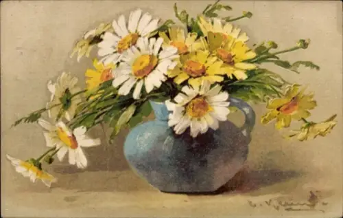 Künstler Ak Klein, Catharina, gelbe und weiße Margeriten in einer Vase