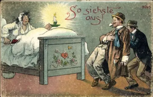 Ak Humor, getrunkener Mann kommt nach Hause, So siehste aus