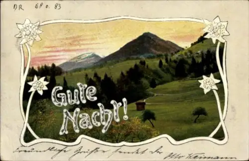 Passepartout Ak Gute Nacht, Wiese, Berge, Edelweiß