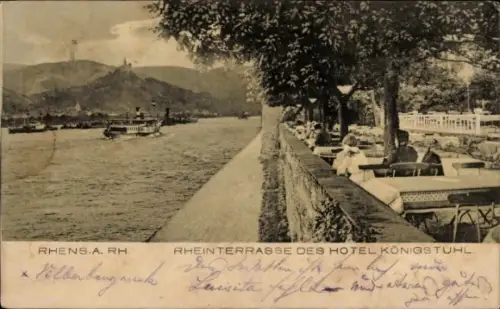 Ak Rhens am Rhein, Rheinterrasse des Hotel Königsstuhl
