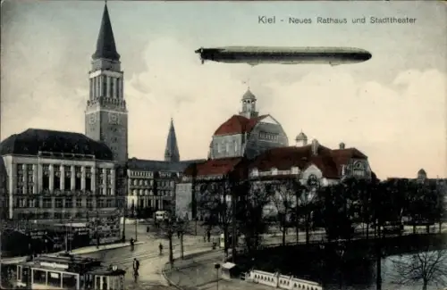 Ak Kiel, Neues Rathaus, Stadttheater, Zeppelin, Straßenbahn
