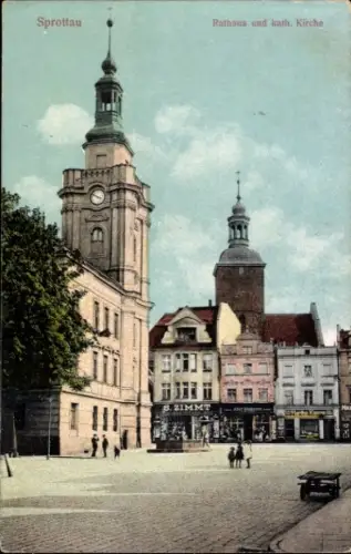 Ak Szprotawa Sprottau Schlesien,  Rathaus, katholische Kirche, B. ZIMMT, Marktplatz