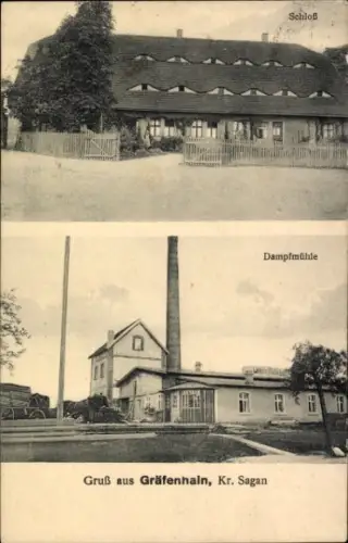 Ak Grotów Gräfenhain Kreis Sagan Schlesien, Schloss, Dampfmühle