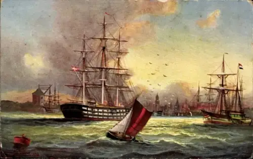 Künstler Ak København Kopenhagen Dänemark, Reede, Segelschiffe im Hafen