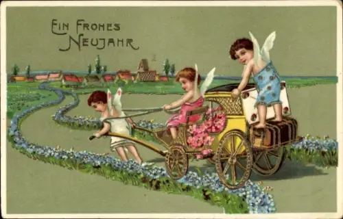 Ak Glückwunsch Neujahr, Engel, Kutsche, Blumen