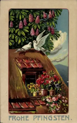 Präge Künstler Ak Glückwunsch Pfingsten, Tauben, Blumen