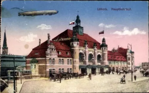 Ak Hansestadt Lübeck, Hauptbahnhof, Zeppelin