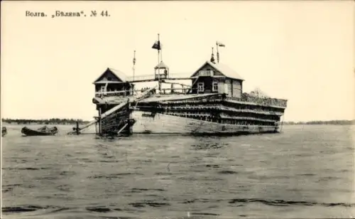 Ak Russland,  Beljana, Holzfrachtschiff auf der Wolga