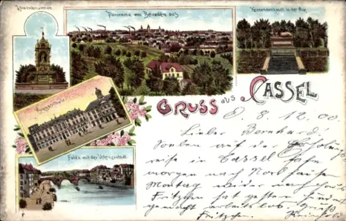 Litho Kassel in Hessen, Löwenbrunnen, Kriegsschule, Panorama vom Belvedere aus, Denkmal i.d. Aue