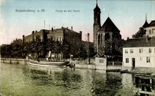 Ak Brandenburg an der Havel, Teilansicht, Kirche, Dampferanlegestelle
