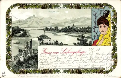 Litho Königswinter am Rhein, Drachenfels, Ruine, Panorama vom Siebengebirge