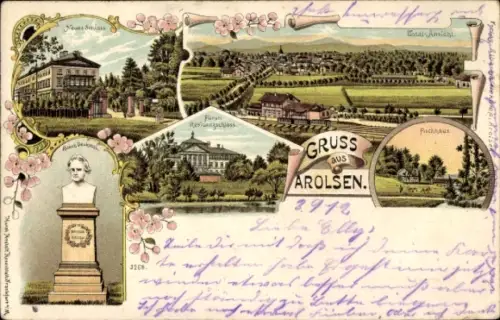 Litho Bad Arolsen in Hessen, Neues Schloss, Rauch-Denkmal, Residenzschloss, Fischhaus, Panorama