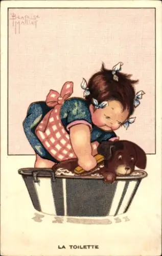 Künstler Ak Mallet, B., Mädchen wäscht seinen Hund