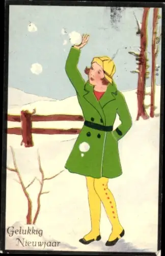 Ak La Haye Den Haag Südholland Niederlande, Mädchen wirft Schneeball, Hintergrund: verschneite...