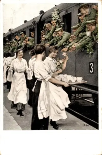 Künstler Ak Wennerberg, B., Erfrischungsstation, Soldaten bekommen Getränke, Zug, Frauen