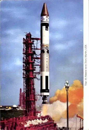 Reklamekarte Titan III-Rakete beim Start, Martin, USA, Raumstation, Grumman F 11 F, Kreuzer Malfix