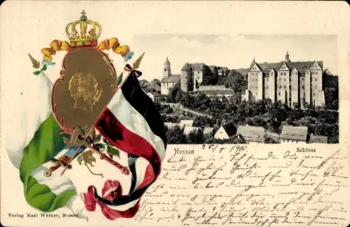 Wappen Passepartout Ak Nossen in Sachsen, Schloss, Krone, Fahnen